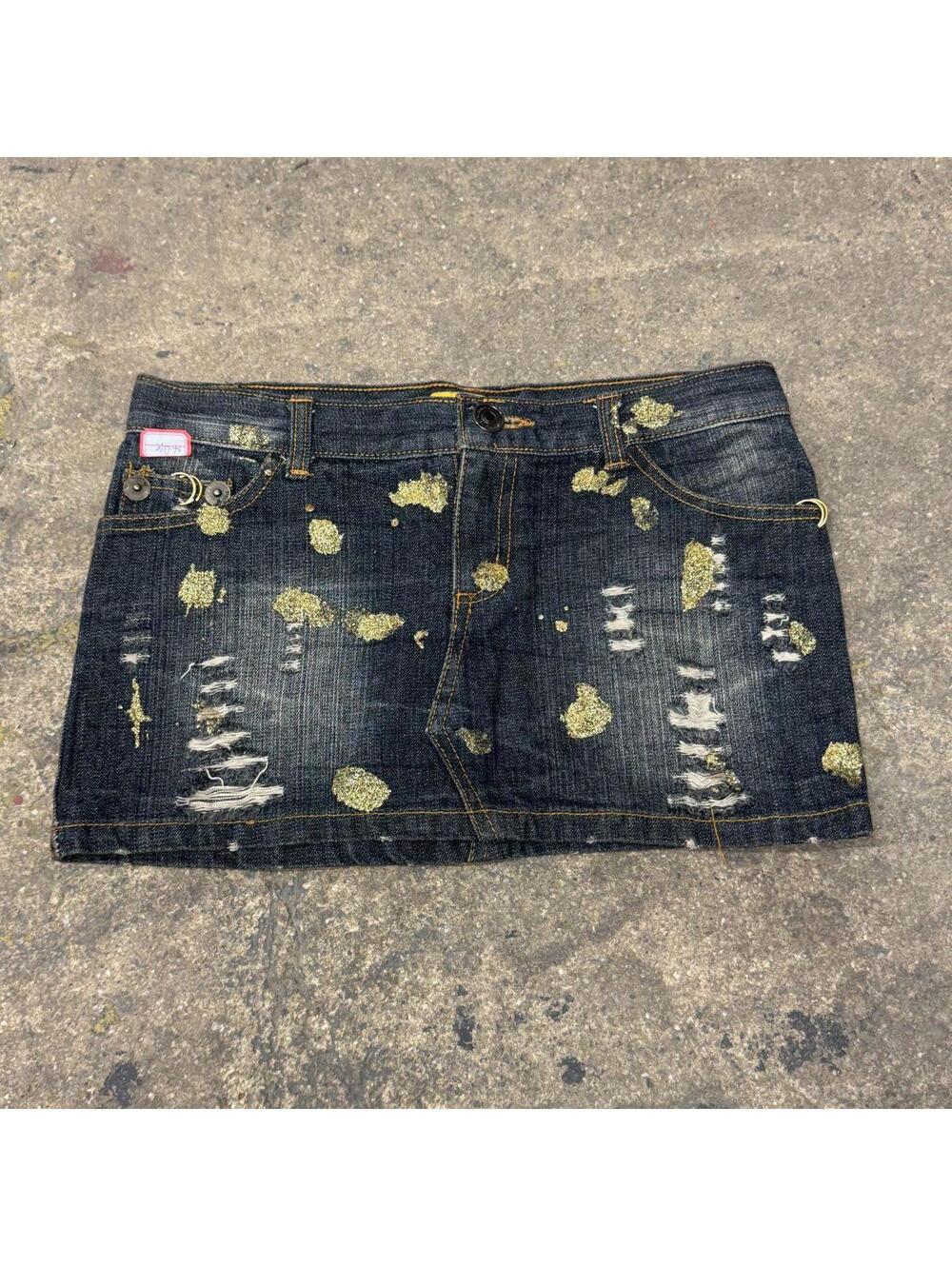 Vintage Y2K Denim Micro Mini Skirt Low Rise Gold Pierced